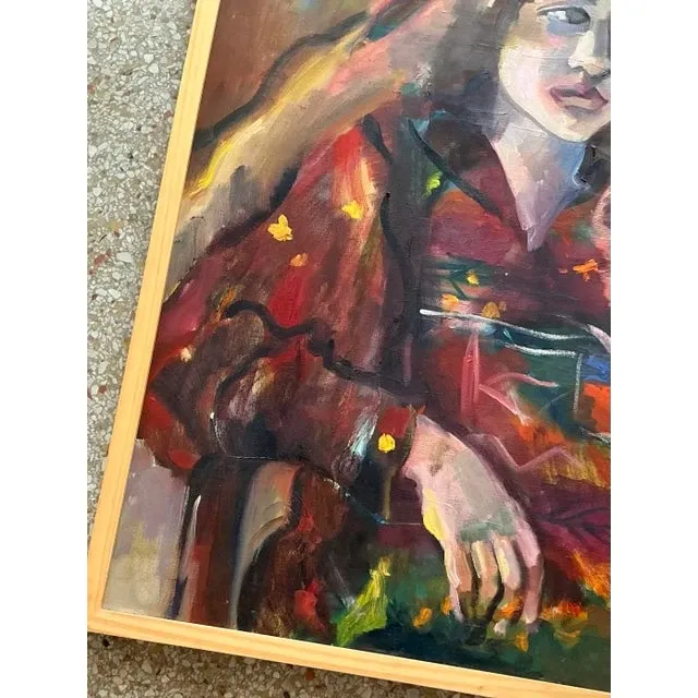 Vintage Boho Original Oil Portrait on Canvas - Wood, 26.5W x 31.25H — additional photo 7
