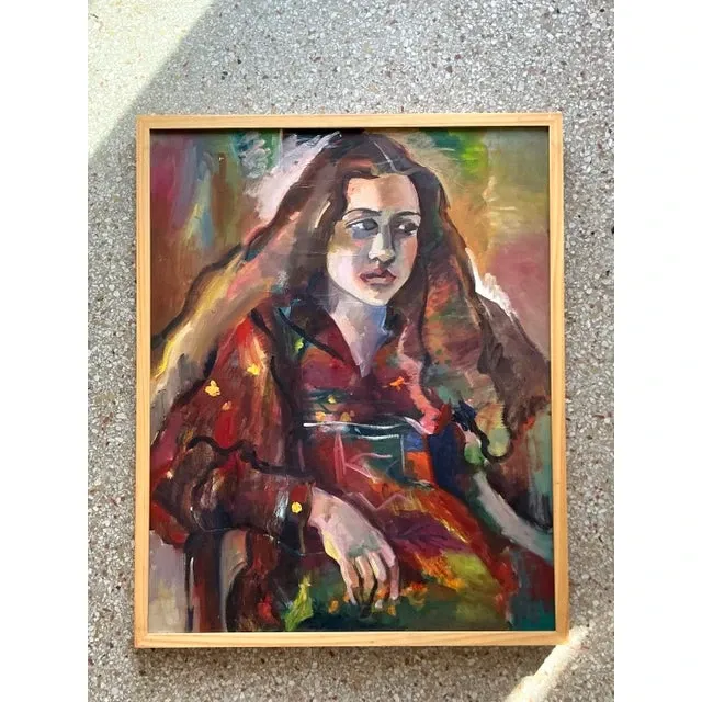 Vintage Boho Original Oil Portrait on Canvas - Wood, 26.5W x 31.25H — additional photo 3