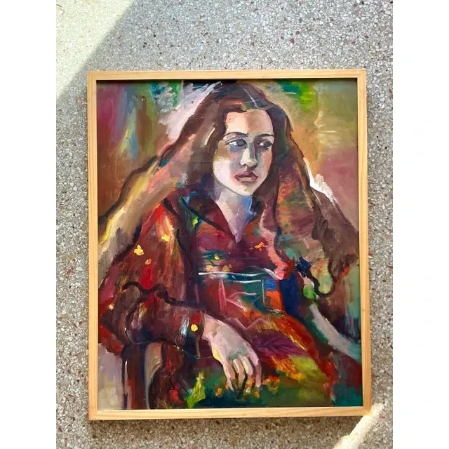 Vintage Boho Original Oil Portrait on Canvas - Wood, 26.5W x 31.25H — additional photo 8