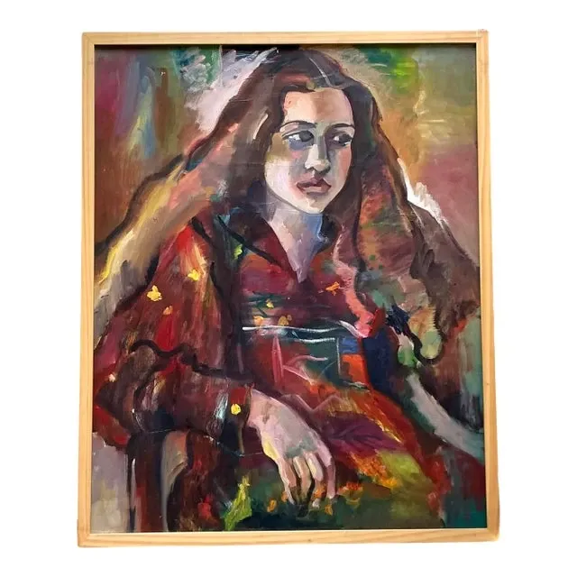 Vintage Boho Original Oil Portrait on Canvas - Wood, 26.5W x 31.25H — additional photo 1