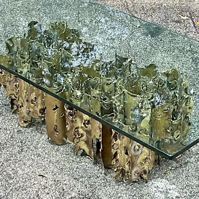 1970s Vintage Brutalist Signed Silas Seandel “Cathedral” Torch Cut Brass Coffee Table - Back view