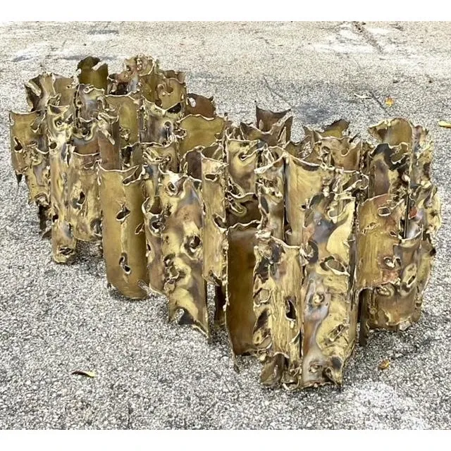 1970s Vintage Brutalist Signed Silas Seandel “Cathedral” Torch Cut Brass Coffee Table - Top view