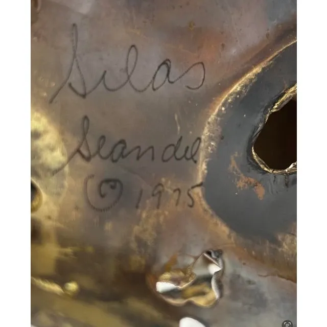 1970s Vintage Brutalist Signed Silas Seandel “Cathedral” Torch Cut Brass Coffee Table - Angle view