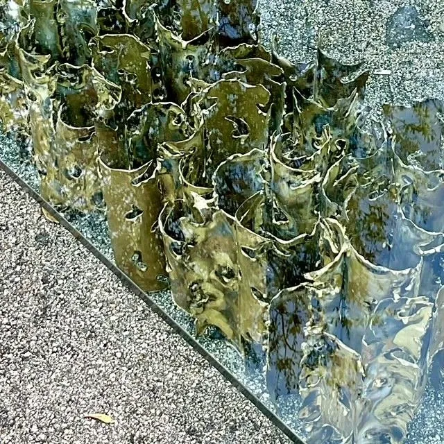 1970s Vintage Brutalist Signed Silas Seandel “Cathedral” Torch Cut Brass Coffee Table - Close-up view