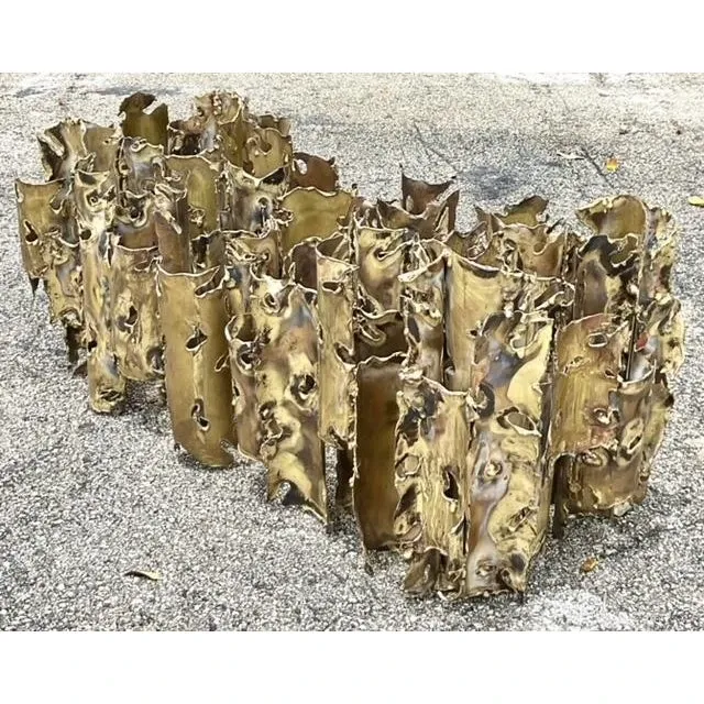 1970s Vintage Brutalist Signed Silas Seandel “Cathedral” Torch Cut Brass Coffee Table - Interior view