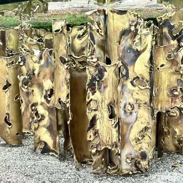 1970s Vintage Brutalist Signed Silas Seandel “Cathedral” Torch Cut Brass Coffee Table - Bottom view