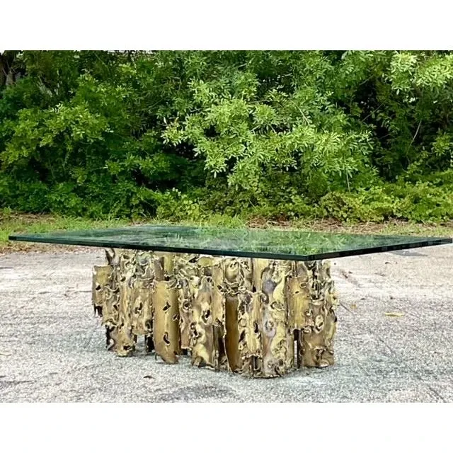 1970s Vintage Brutalist Signed Silas Seandel “Cathedral” Torch Cut Brass Coffee Table
