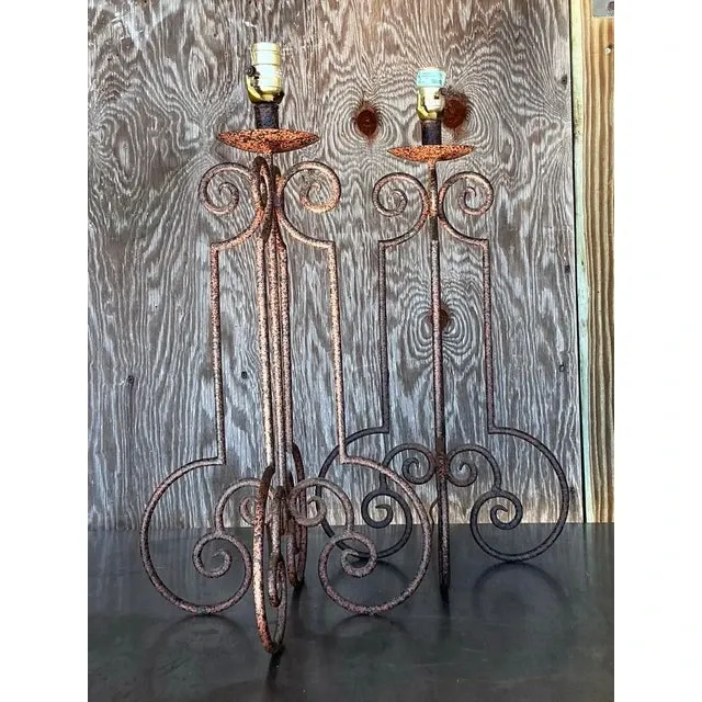 Vintage Boho Scroll Metal Column Lamps - a Pair — additional photo 2