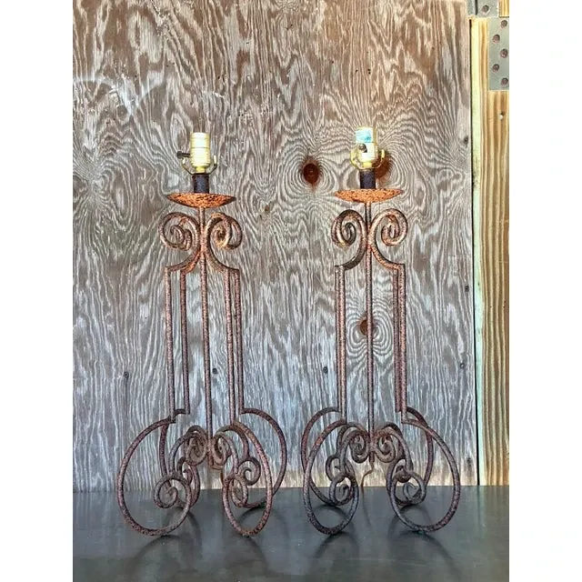Vintage Boho Scroll Metal Column Lamps - a Pair — additional photo 1