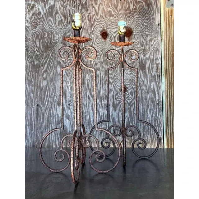 Vintage Boho Scroll Metal Column Lamps - a Pair — additional photo 3