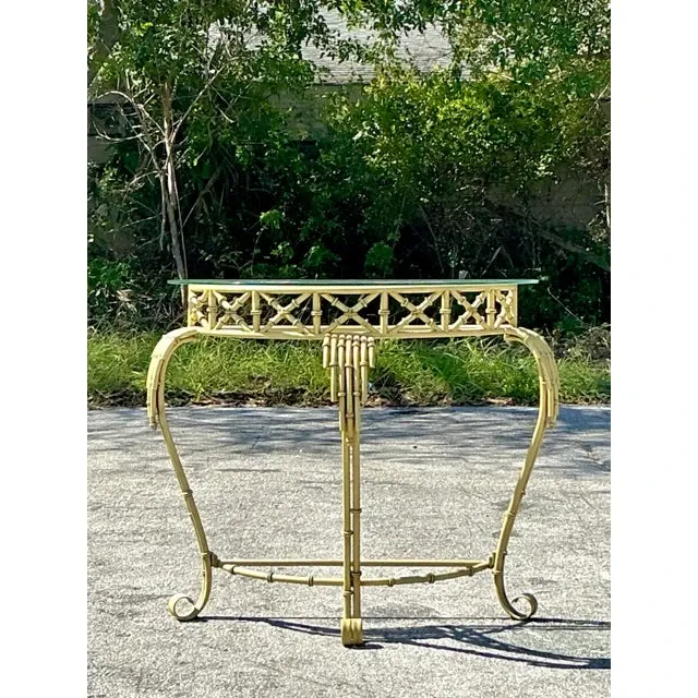 Vintage Coastal Metal Bamboo Demilune Table — additional photo 1