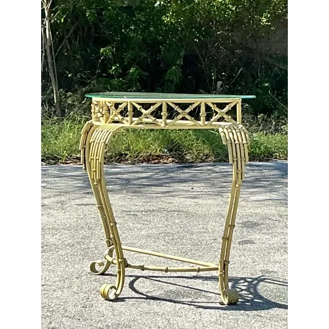 Vintage Coastal Metal Bamboo Demilune Table — additional photo 2