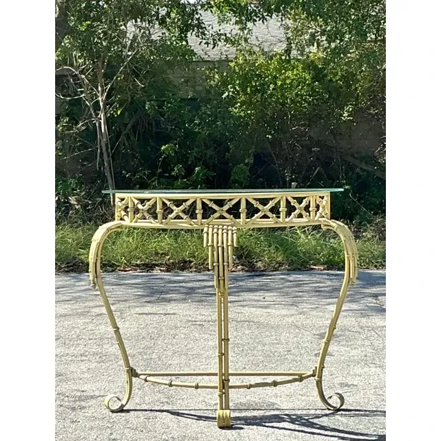 Vintage Coastal Metal Bamboo Demilune Table — additional photo 3