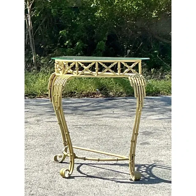 Vintage Coastal Metal Bamboo Demilune Table — additional photo 4