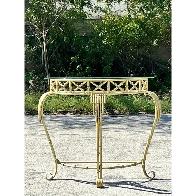 Vintage Coastal Metal Bamboo Demilune Table — additional photo 5
