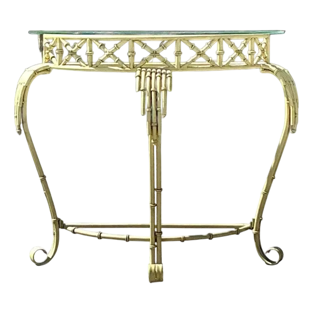 Vintage Coastal Metal Bamboo Demilune Table