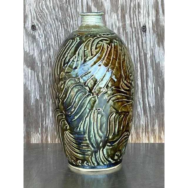 Vintage Boho Glazed Ceramic Vase — additional photo 1