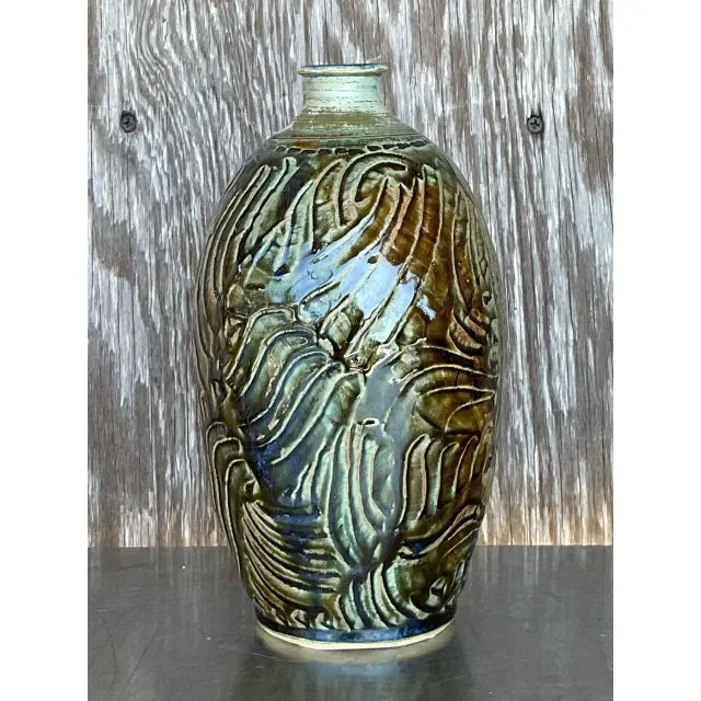 Vintage Boho Glazed Ceramic Vase — additional photo 2