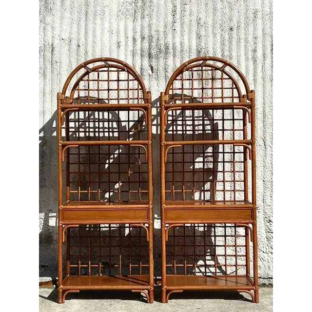 Vintage Coastal Grid Rattan Etagere - a Pair — additional photo 1