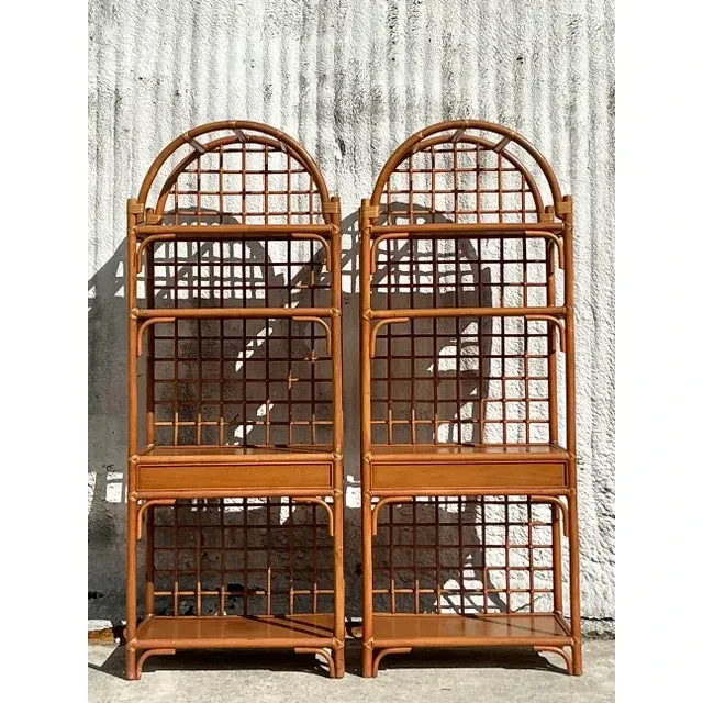 Vintage Coastal Grid Rattan Etagere - a Pair — additional photo 2