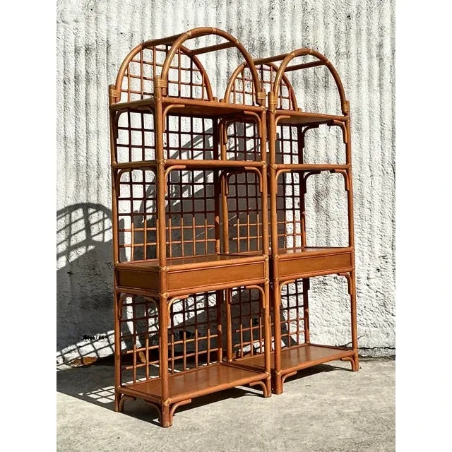 Vintage Coastal Grid Rattan Etagere - a Pair — additional photo 4