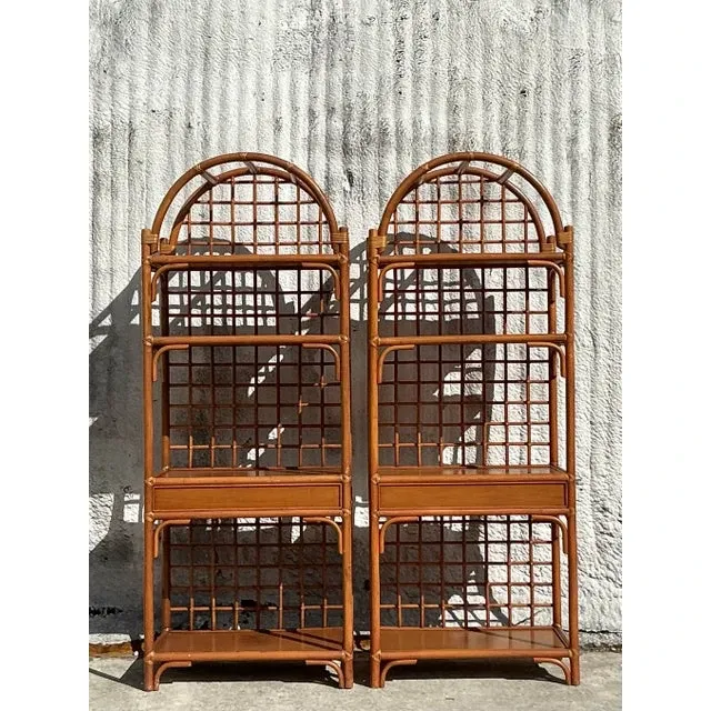 Vintage Coastal Grid Rattan Etagere - a Pair — additional photo 6