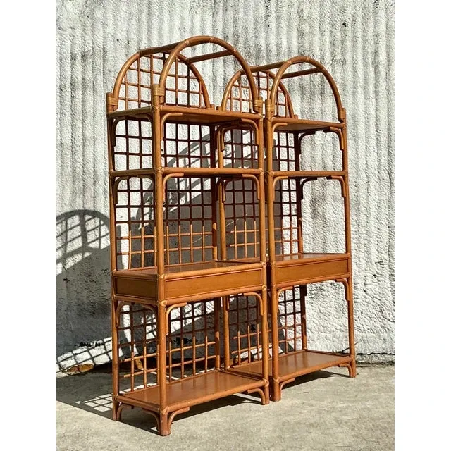 Vintage Coastal Grid Rattan Etagere - a Pair — additional photo 7