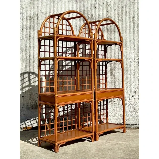 Vintage Coastal Grid Rattan Etagere - a Pair — additional photo 8