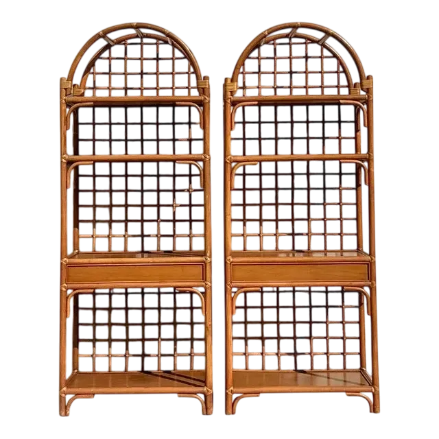Vintage Coastal Grid Rattan Etagere - a Pair