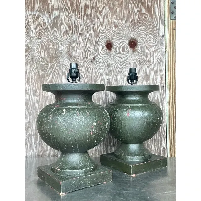 Vintage Boho Patinated Turned Wood Lamps - a Pair — additional photo 2