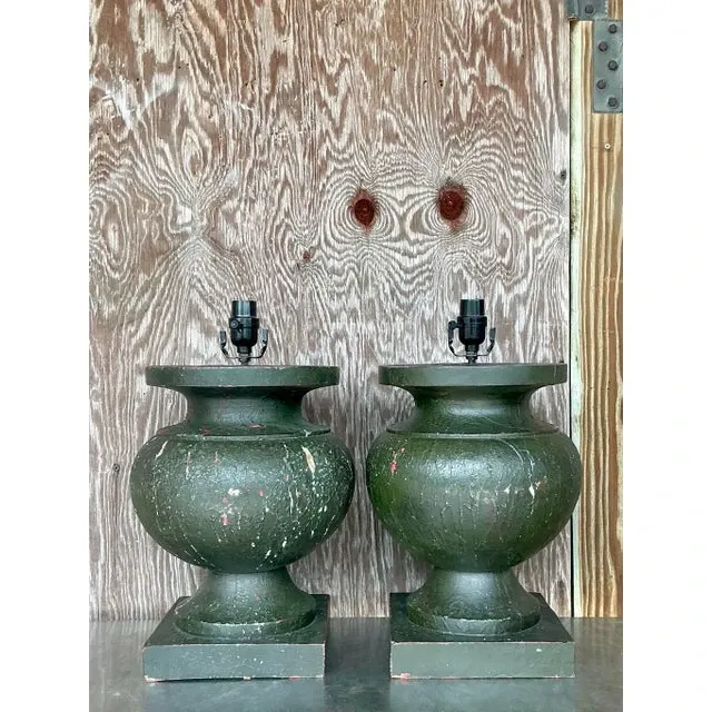 Vintage Boho Patinated Turned Wood Lamps - a Pair — additional photo 1