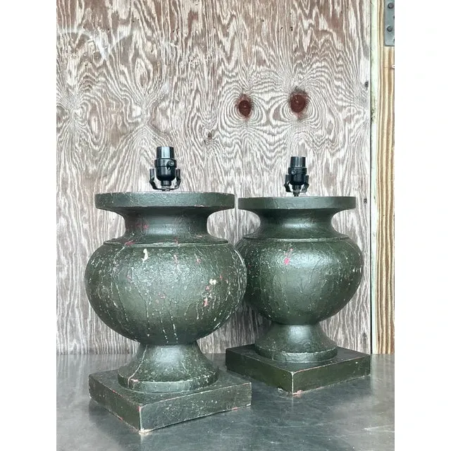 Vintage Boho Patinated Turned Wood Lamps - a Pair — additional photo 4