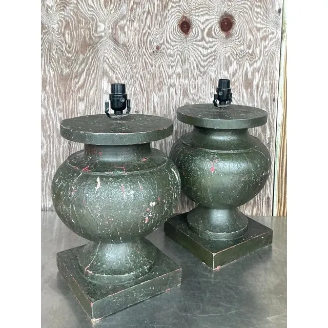 Vintage Boho Patinated Turned Wood Lamps - a Pair — additional photo 6