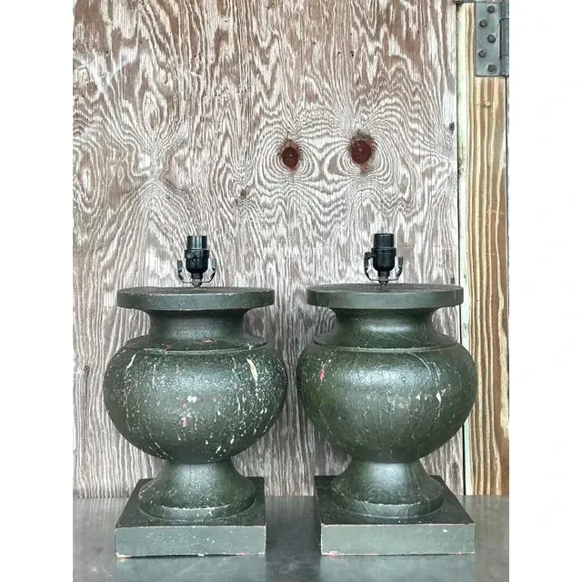 Vintage Boho Patinated Turned Wood Lamps - a Pair — additional photo 7