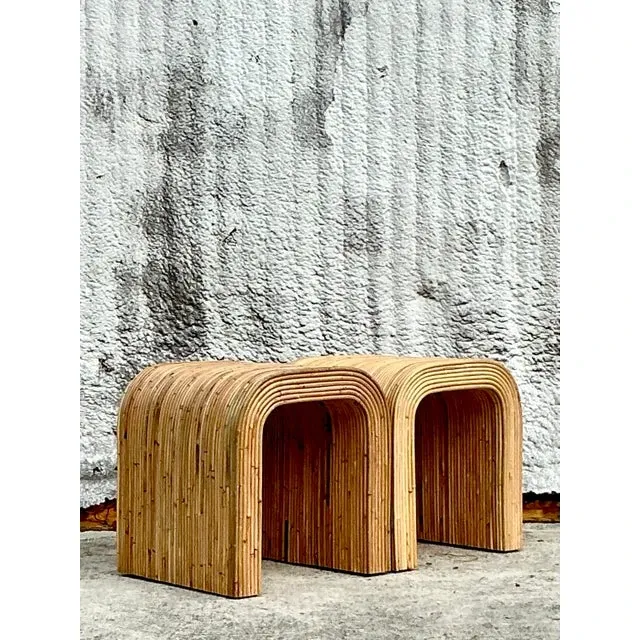 Vintage Coastal Pencil Reed Waterfall Side Table - a Pair — additional photo 1