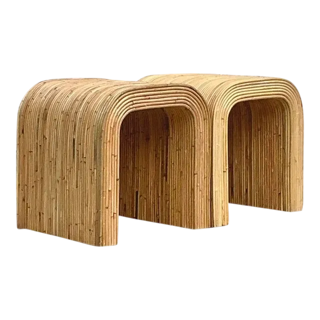 Vintage Coastal Pencil Reed Waterfall Side Table - a Pair