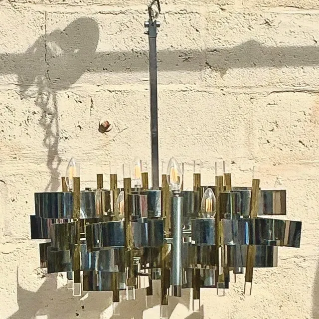 Vintage Mid 20th Century Gaetano Sciolari “Futura” Chrome and Brass Chandelier — additional photo 4