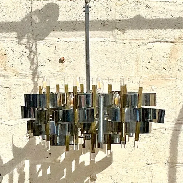 Vintage Mid 20th Century Gaetano Sciolari “Futura” Chrome and Brass Chandelier — additional photo 1