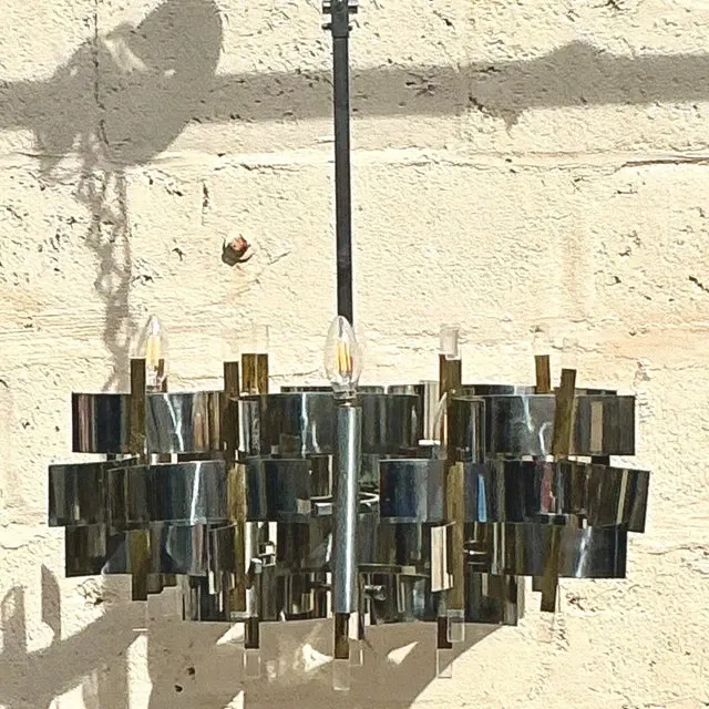 Vintage Mid 20th Century Gaetano Sciolari “Futura” Chrome and Brass Chandelier — additional photo 5