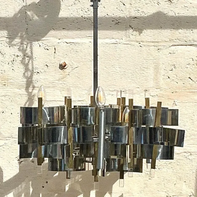 Vintage Mid 20th Century Gaetano Sciolari “Futura” Chrome and Brass Chandelier — additional photo 2