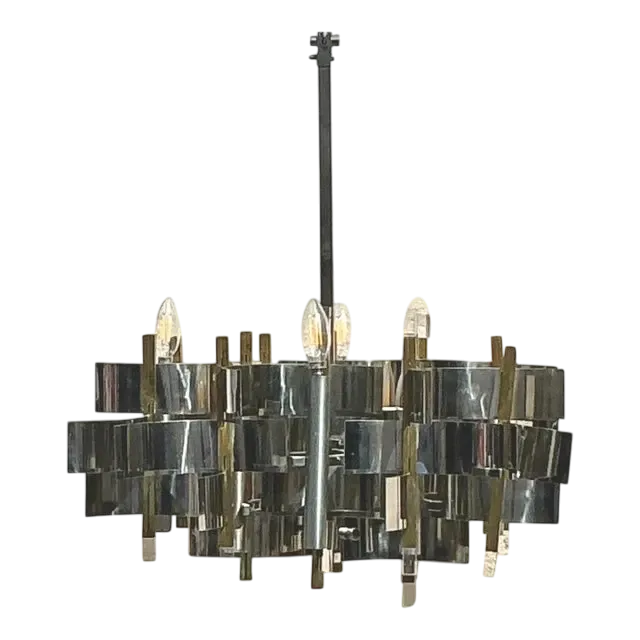 Vintage Mid 20th Century Gaetano Sciolari “Futura” Chrome and Brass Chandelier