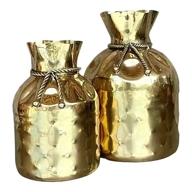 Vintage Boho Polished Brass Tethered Bags - Set of 2