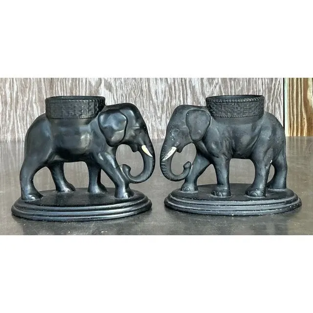 Vintage Boho Matte Glazed Ceramic Elephants- Set of 2 — additional photo 4