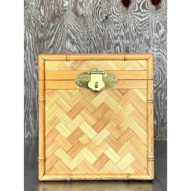 Vintage Boho Parquet Rattan Lidded Box — additional photo 3