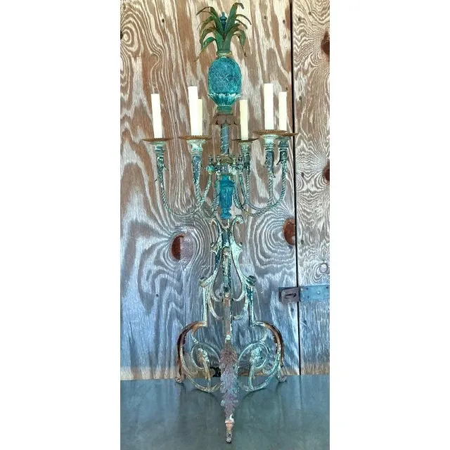 Vintage Coastal Wrought Iron Verdigris Pineapple Lamp — additional photo 3