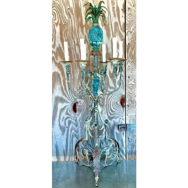 Vintage Coastal Wrought Iron Verdigris Pineapple Lamp — additional photo 2