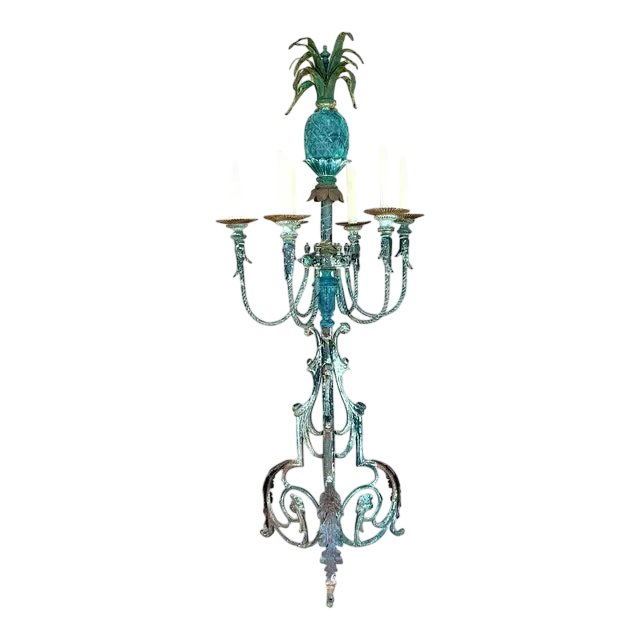 Vintage Coastal Wrought Iron Verdigris Pineapple Lamp