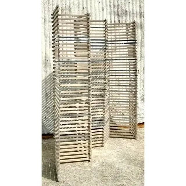 Vintage Boho Stacked Wood and Chrome Folding Screen — additional photo 4