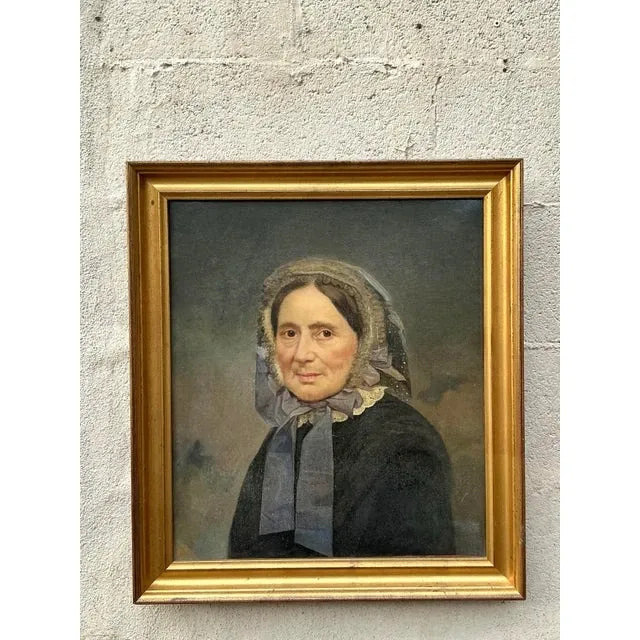 Vintage Boho Original Oil Portrait on Canvas - Wood, 20.5W x 23H — additional photo 3