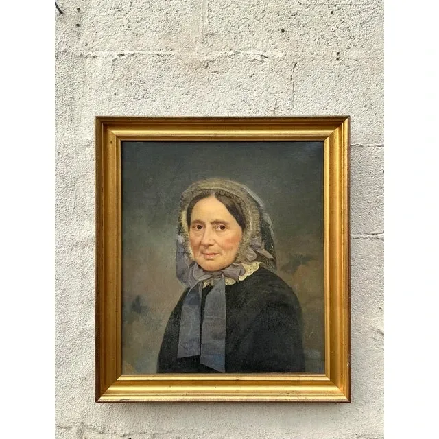 Vintage Boho Original Oil Portrait on Canvas - Wood, 20.5W x 23H — additional photo 6